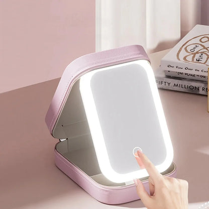 GoGlow Chic | Travel Makeup Mirror with Storage, LED Light Portable Organizer Case
