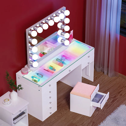 VanitiSet Merge | Vanity Desk with Hidden Stool, 12 Drawers & LED Mirror