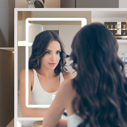 White Vanity Desk with LED Mirror, Storage, and Charging Station - LP Replenish