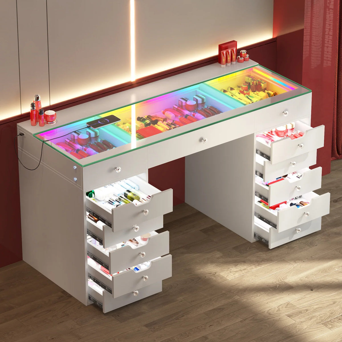 VanitiBar Pro Gleam | 13 Drawer Desk with Lighted Drawers & RGB Lights