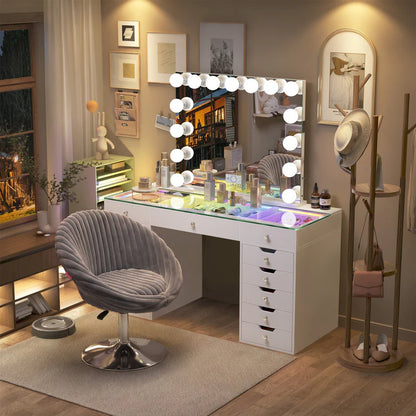 VanitiSet Pro Ultimate | 59" Glass Top Vanity Set with 15-Bulb Hollywood Mirror, 13 Drawers, RGB Lights & Swivel Chair