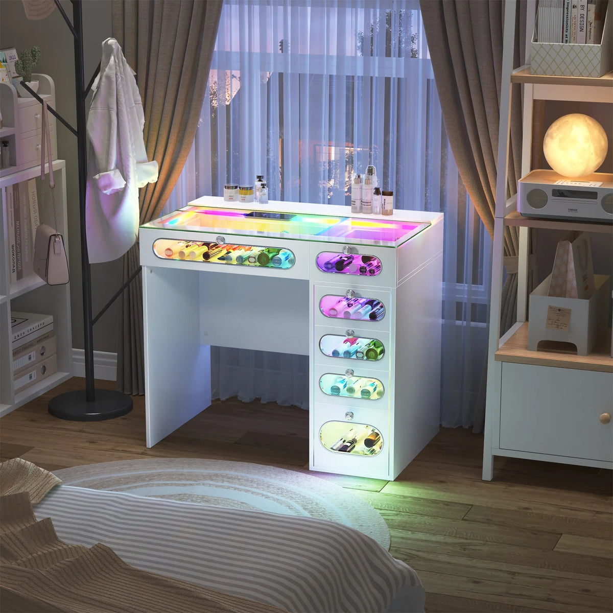 VanitiBar Nova Circle | 36 Inch Desk with 6 Glass-Front Drawers & RGB Lights