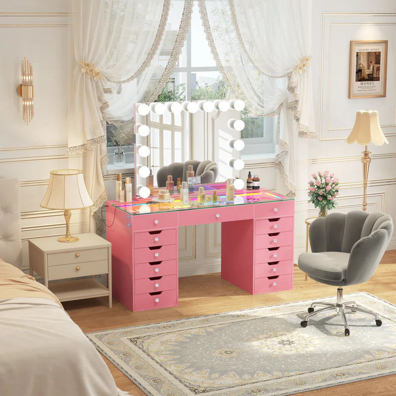 VanitiSet Pro Ultimate | 59" Glass Top Vanity Set with 15-Bulb Hollywood Mirror, 13 Drawers, RGB Lights & Swivel Chair