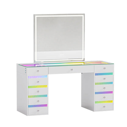 VanitiSet Lyra | Makeup Vanity with Outlet, RGB Light, Rippled Drawers & 3-Tone LED Mirror