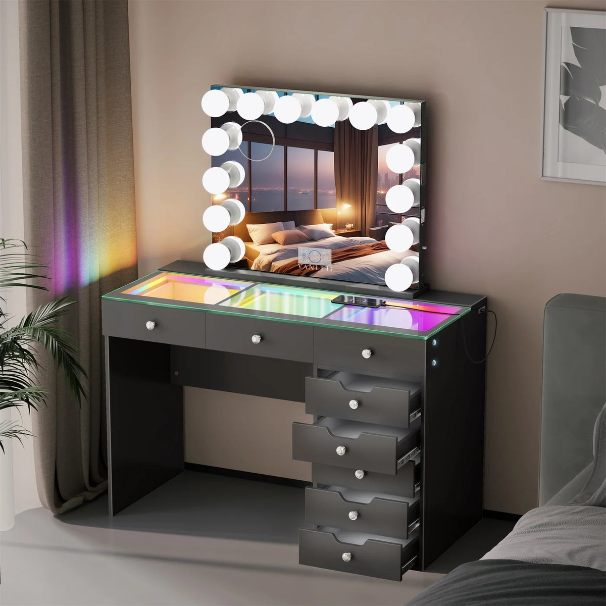 VanitiSet Pixie Gleam | 8 Drawer Desk with Lighted Drawers & 14 Bulb Mirror