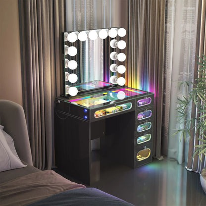 VanitiSet Nova Circle | LED Vanity Desk and Hollywood Bluetooth Mirror Set
