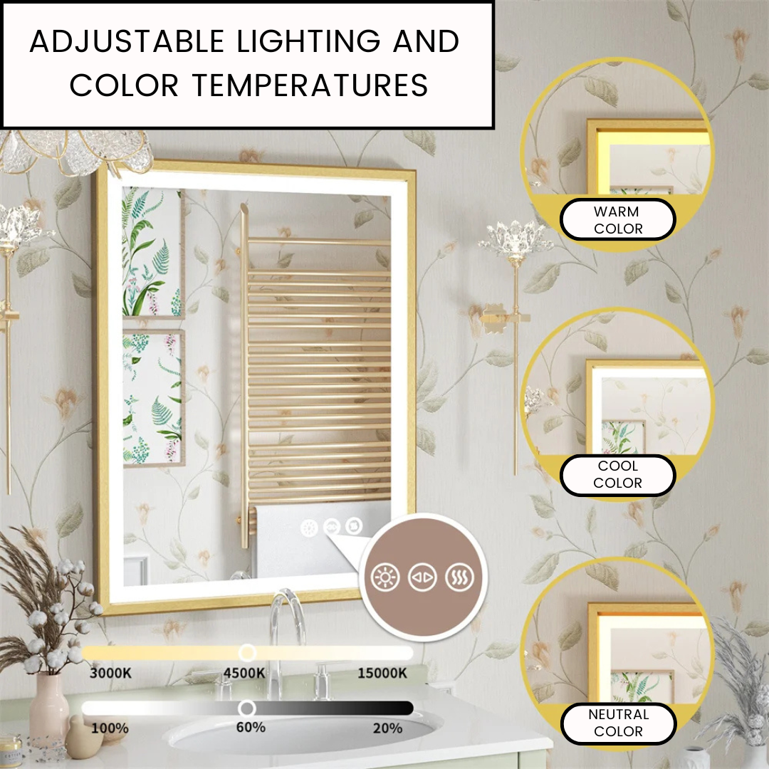 Gold Frame LED Bathroom Mirror with Dimmable Lights and Anti-Fog