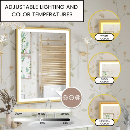 Gold Frame LED Bathroom Mirror with Dimmable Lights and Anti-Fog