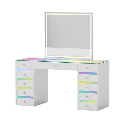 VanitiSet Lyra | Makeup Vanity with Outlet, RGB Light, Rippled Drawers & 3-Tone LED Mirror