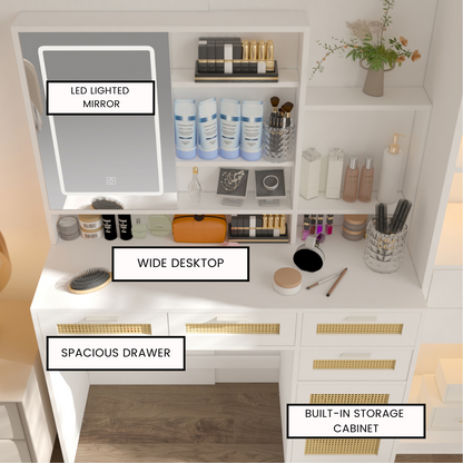 White Vanity Desk with LED Mirror, Storage, and Charging Station - LP Replenish