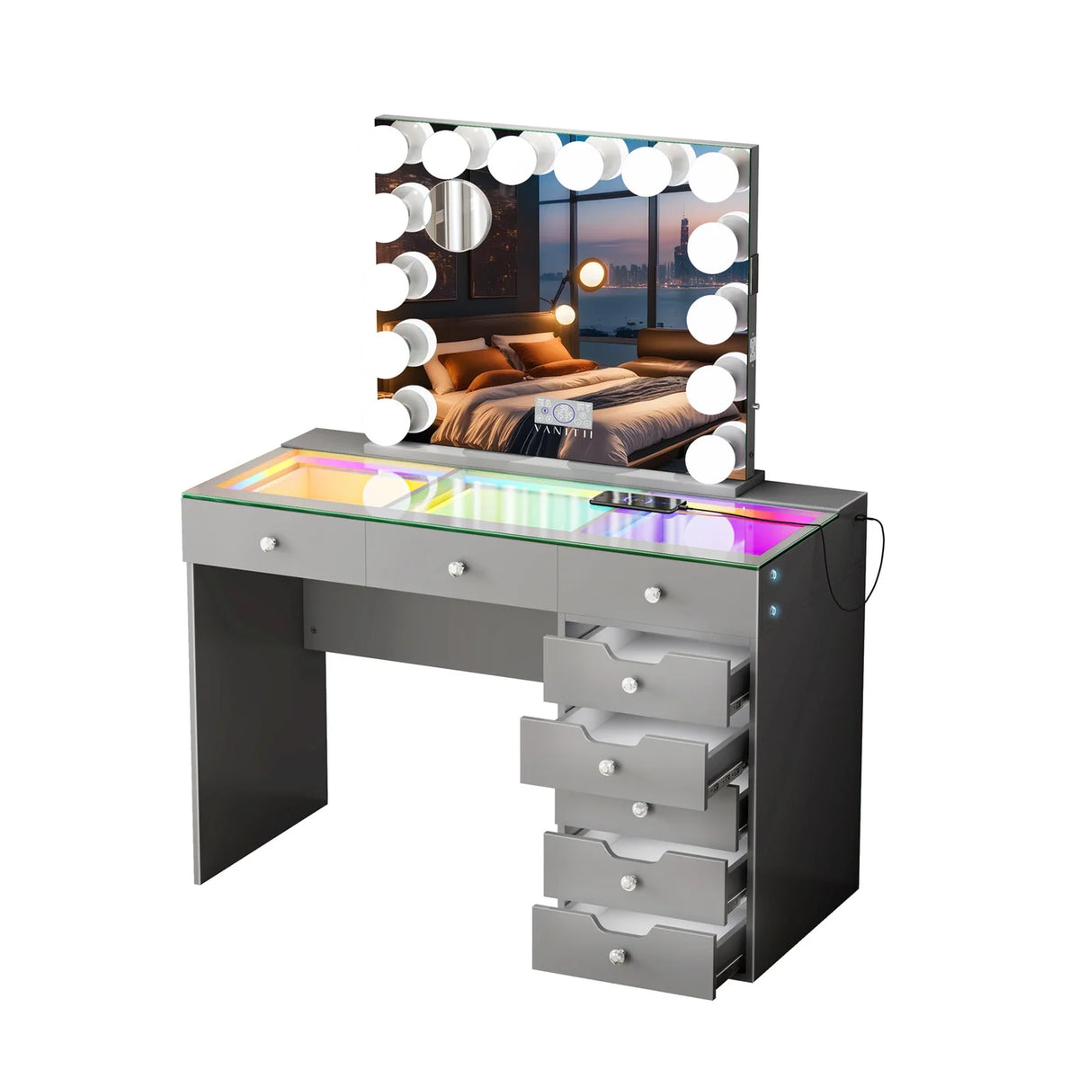VanitiSet Pixie Gleam | 8 Drawer Desk with Lighted Drawers & 14 Bulb Mirror
