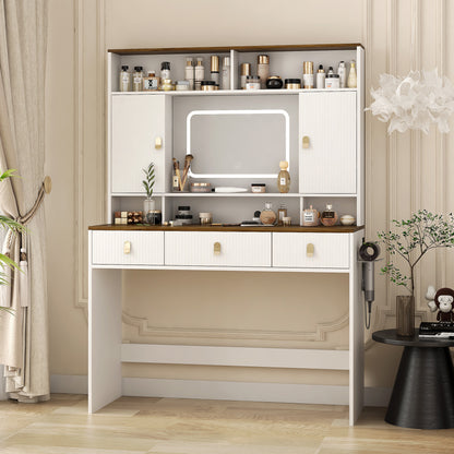 Farmhouse Dressing Table with Lighted Mirror, Adjustable Lighting, and Storage - LP Replenish