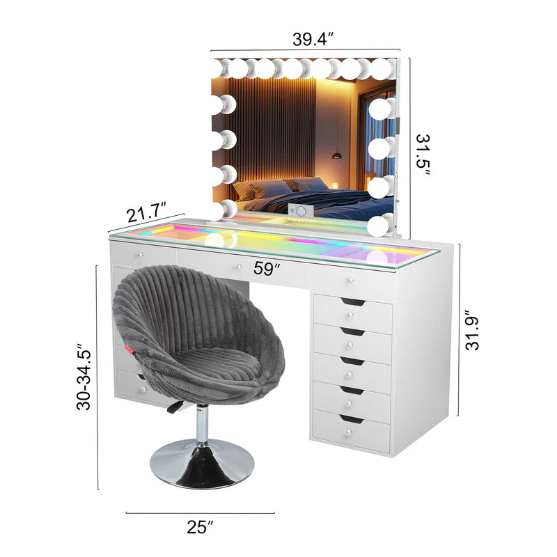 VanitiSet Pro Ultimate | 59" Glass Top Vanity Set with 15-Bulb Hollywood Mirror, 13 Drawers, RGB Lights & Swivel Chair