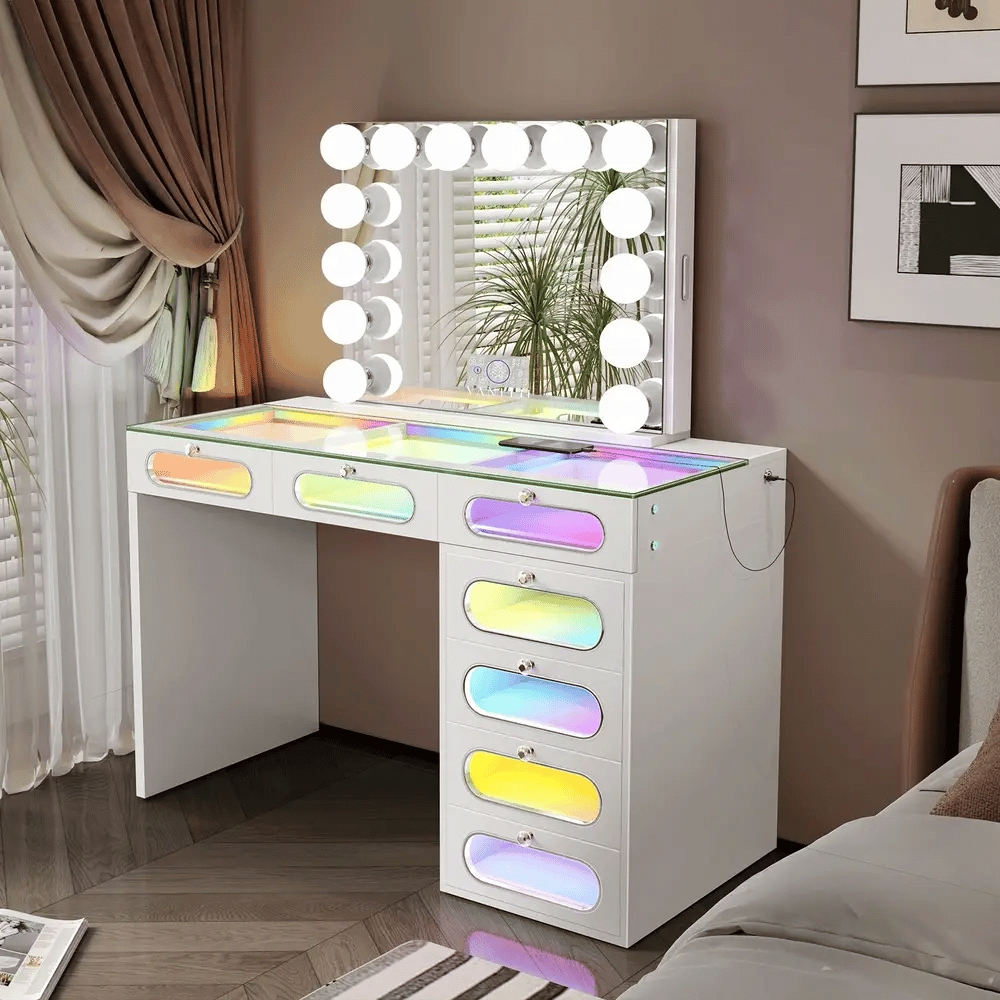 VanitiSet Halo Circle | LED Vanity Desk and Hollywood Bluetooth Mirror Set