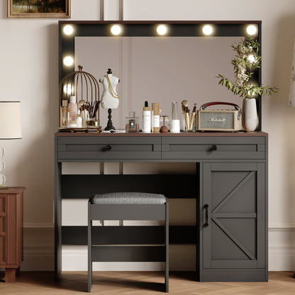 Black Makeup Vanity Table with LED Mirror, Storage, and Stool - LP Replenish