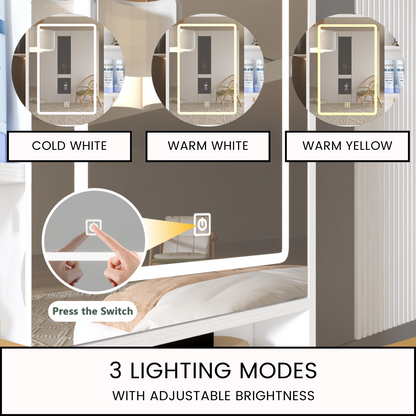 White Vanity Desk with LED Mirror, Storage, and Charging Station - LP Replenish