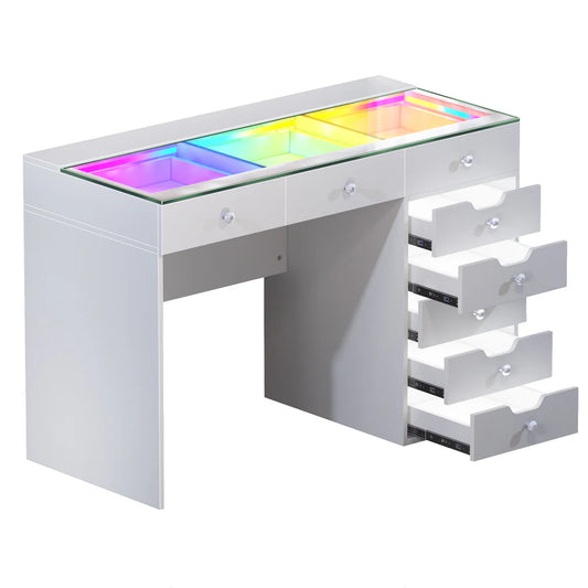 VanitiBar Veronica 3.0 – Glass Top Makeup Vanity Desk with 8 Drawers, Adjustable LED Lighting
