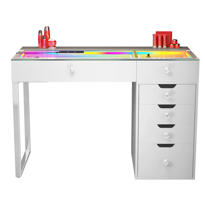 VanitiBar Halo | Glass Top Vanity Desk, Diamond Knobs & Storage