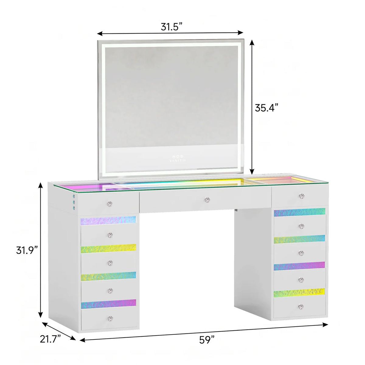 VanitiSet Lyra | Makeup Vanity with Outlet, RGB Light, Rippled Drawers & 3-Tone LED Mirror