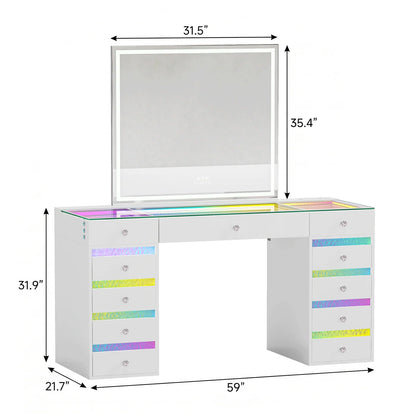 VanitiSet Lyra | Makeup Vanity with Outlet, RGB Light, Rippled Drawers & 3-Tone LED Mirror