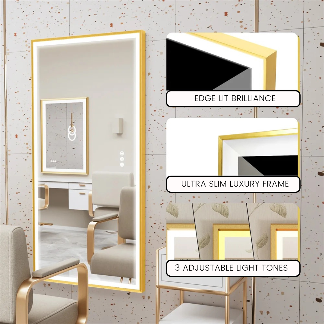 Gold Frame LED Bathroom Mirror with Dimmable Lights and Anti-Fog