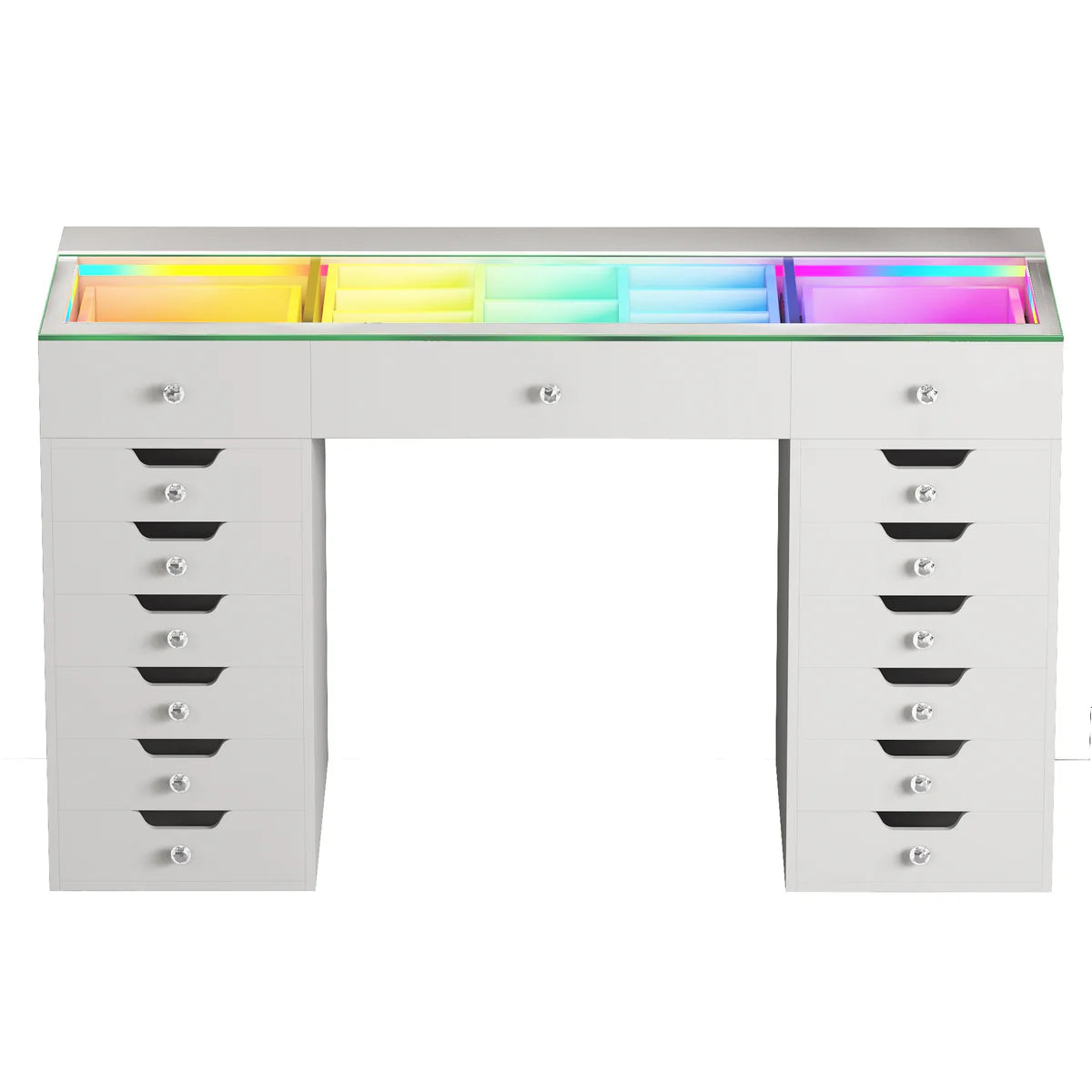 VanitiBar Majesti | Large Glass Top Vanity Desk With 15 Drawers & RGB Lights