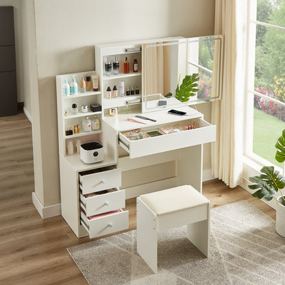 Vanity Table with LED Mirror, Adjustable Lighting, Storage, and Stool - LP Replenish