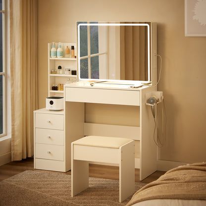 Vanity Table with LED Mirror, Adjustable Lighting, Storage, and Stool - LP Replenish
