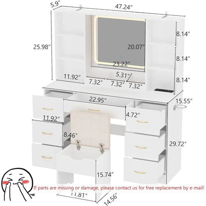 LED Vanity Desk with Stool, Charging Station, and 7 Drawers - LP Replenish
