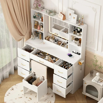 LED Vanity Desk with Stool, Charging Station, and 7 Drawers - LP Replenish