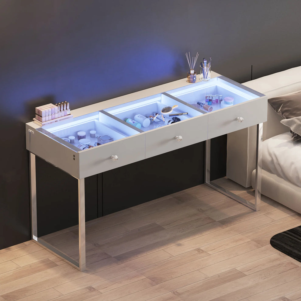 VanitiDesk Grande 13 drawer glass top vanity desk