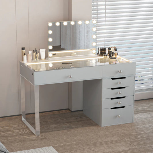 Vanity Desk Pro with 6 Drawers, Glass Top, and Diamond Knobs