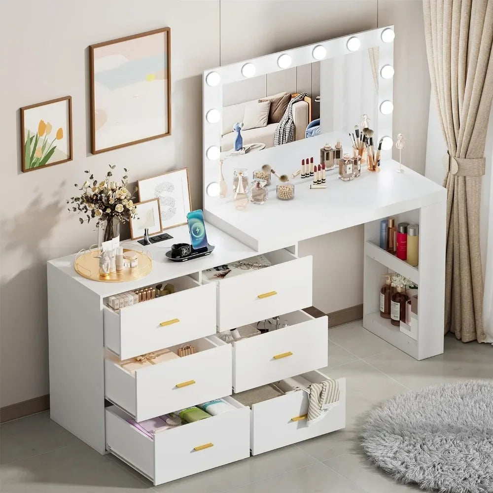 Makeup Vanity Desk with LED Mirror, 6 Drawers, Charging Station, and Adjustable Width