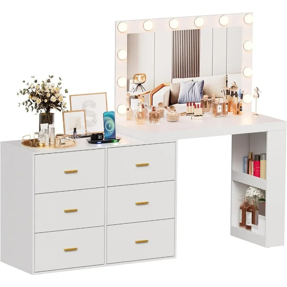 Makeup Vanity Desk with LED Mirror, 6 Drawers, Charging Station, and Adjustable Width