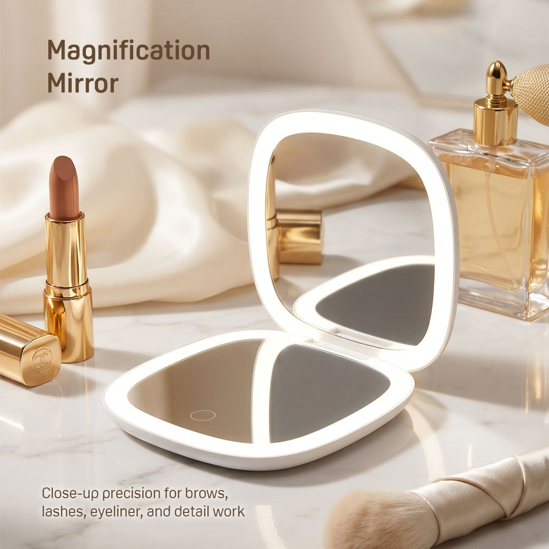 GoGlow Fold | Compact Travel Mirror with Light, 5X Magnification, Rechargeable Folding Mirror