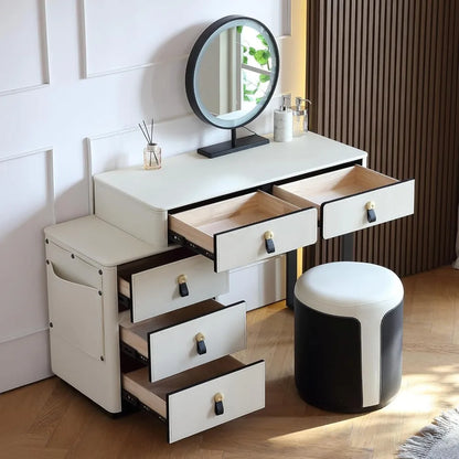 Faux Saddle Leather Makeup Vanity Desk with 5 Drawers, Side Storage, and LED Mirror - LP Replenish