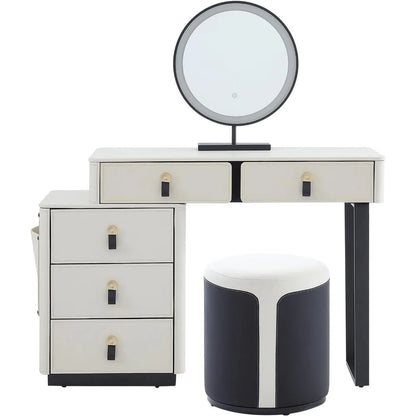 Faux Saddle Leather Makeup Vanity Desk with 5 Drawers, Side Storage, and LED Mirror - LP Replenish