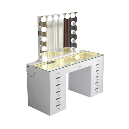 VanitiSet Pro Ultimate | 59" Glass Top Vanity Set with 15-Bulb Hollywood Mirror, 13 Drawers, RGB Lights & Swivel Chair