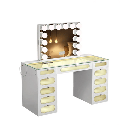 VanitiSet Aura Circle | LED Vanity Desk and Hollywood Bluetooth Mirror Set