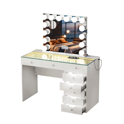 VanitiSet Pixie Gleam | 8 Drawer Desk with Lighted Drawers & 14 Bulb Mirror