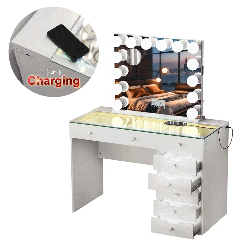 VanitiSet Pixie Gleam | 8 Drawer Desk with Lighted Drawers & 14 Bulb Mirror