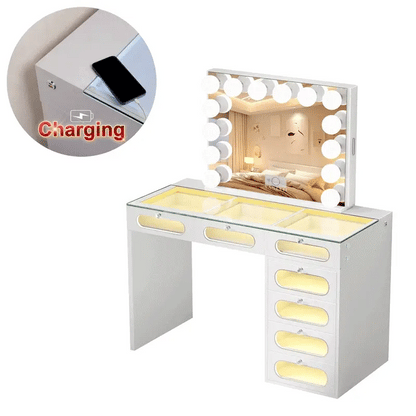 VanitiSet Halo Circle | LED Vanity Desk and Hollywood Bluetooth Mirror Set