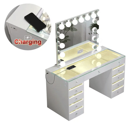 VanitiSet Solara | Modern Vanity Desk With Mirror, RGB Lights & Glass Top Storage