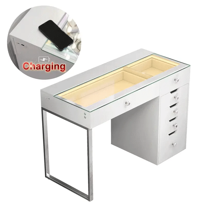 VanitiBar Halo | Glass Top Vanity Desk, Diamond Knobs & Storage