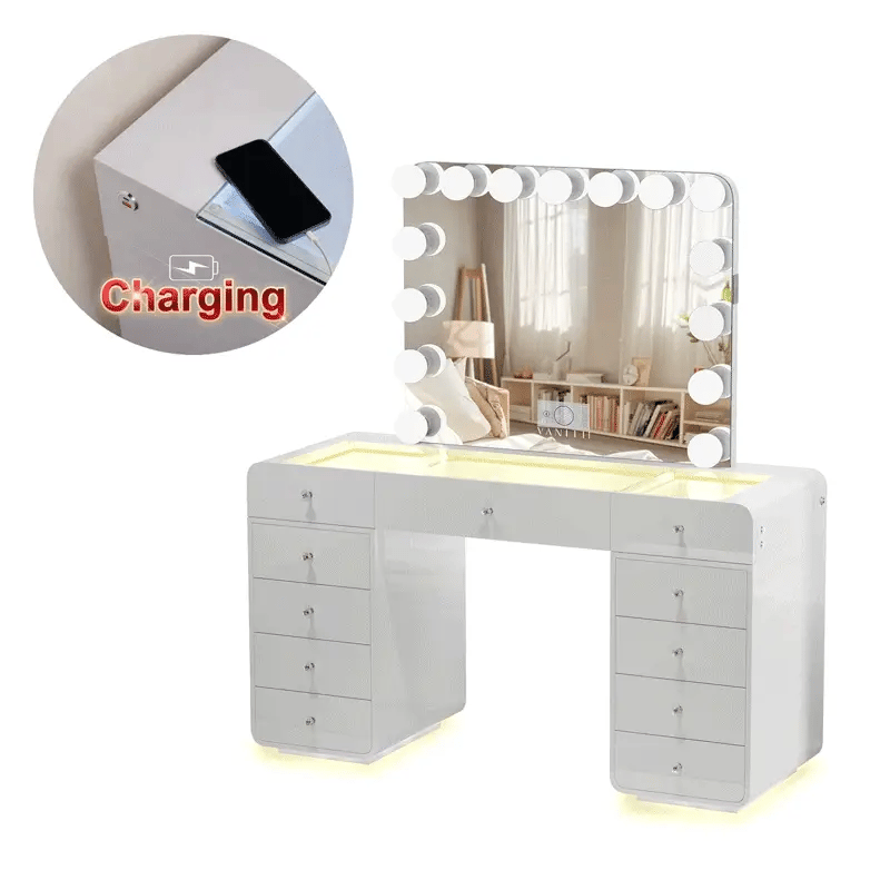 VanitiSet Luma Arc | Modern Glam Vanity Desk with Hollywood Mirror and Storage