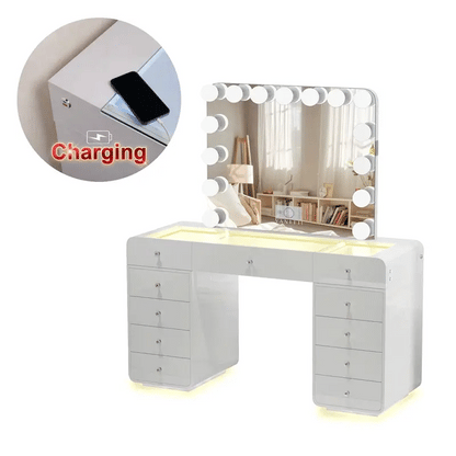VanitiSet Luma Arc | Modern Glam Vanity Desk with Hollywood Mirror and Storage