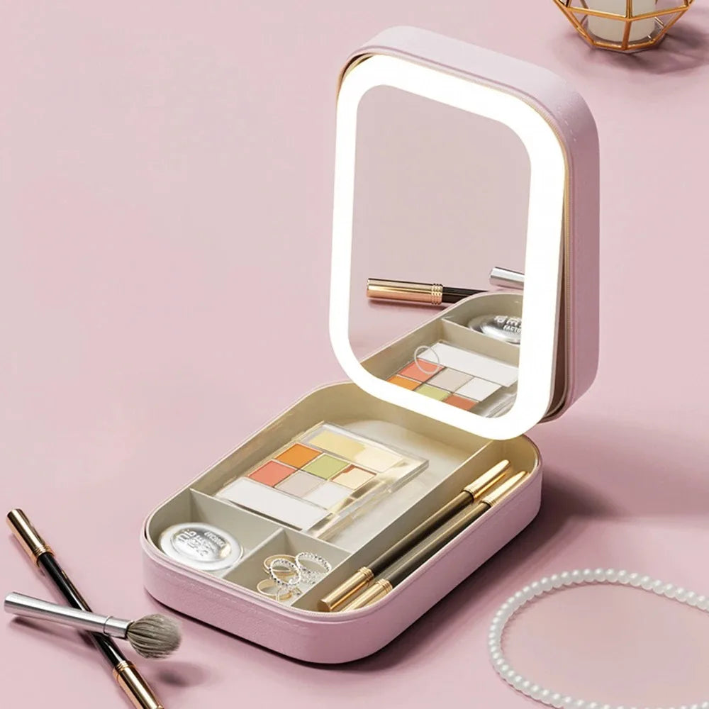 GoGlow Chic | Travel Makeup Mirror with Storage, LED Light Portable Organizer Case