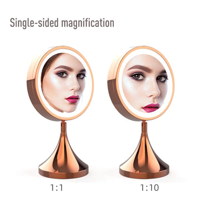 Woman applying makeup precisely with a magnified makeup mirror featuring bright LED lighting.