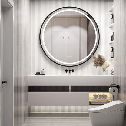 Large Round LED Bathroom Mirror with Anti-Fog, Touch Sensor, and Dimmable Lights – Black/Gold Frame, 32/24 Inch - LP Replenish