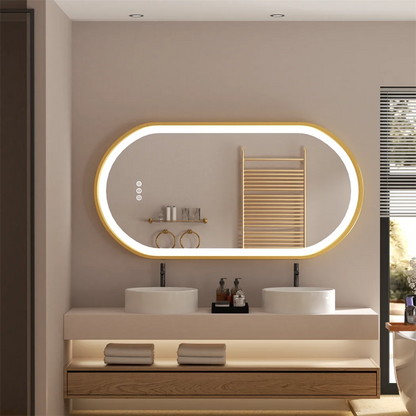 Oval LED Bathroom Mirror with Demister - Gold Frame - LP Replenish